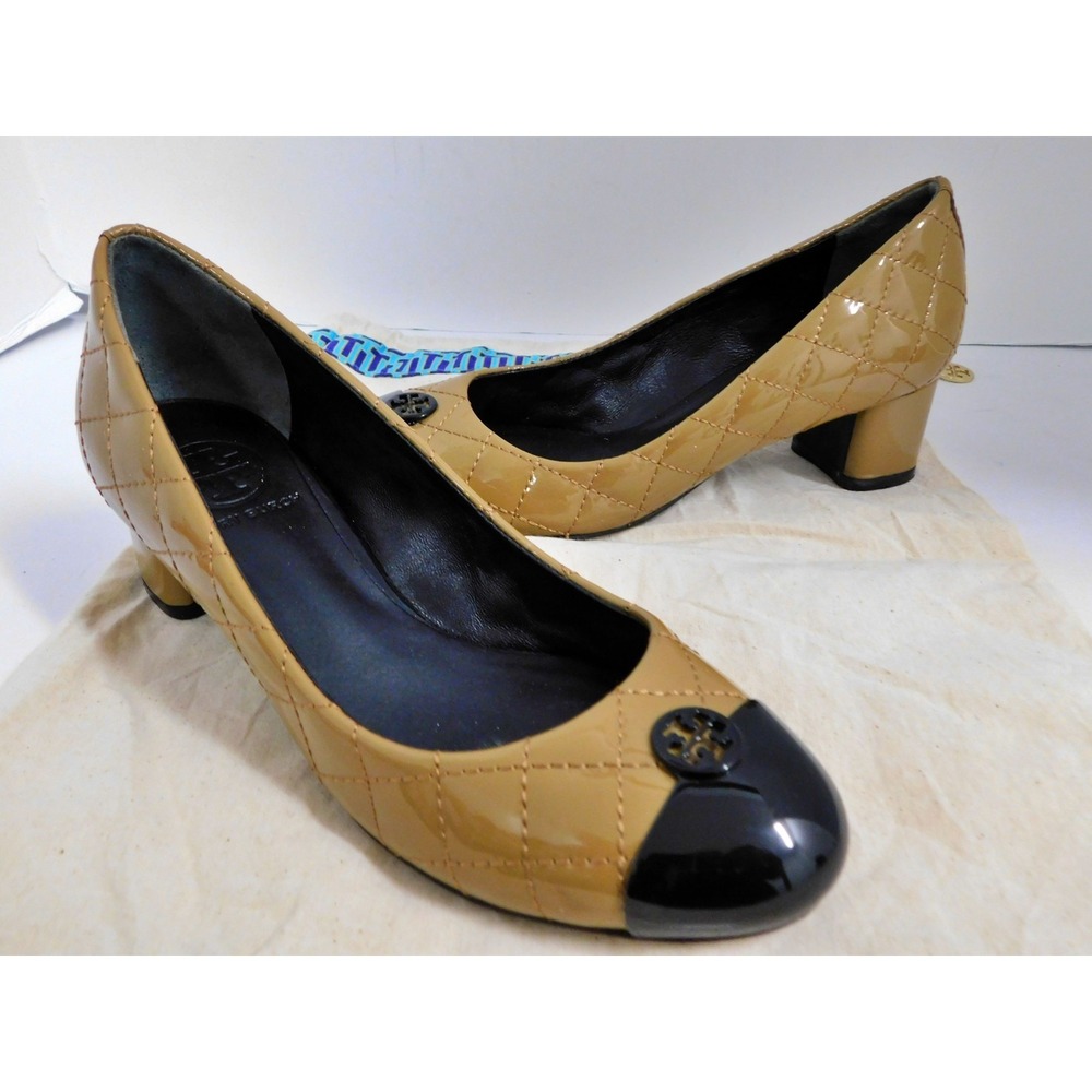 Tory Burch Kaitlin Quilted Patent Cap Toe Block Heel Pumps Tan Black Size 5.5